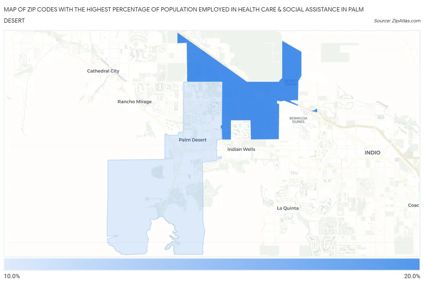 Zip Codes with the Highest Percentage of Population Employed in Health Care & Social Assistance in Palm Desert Map