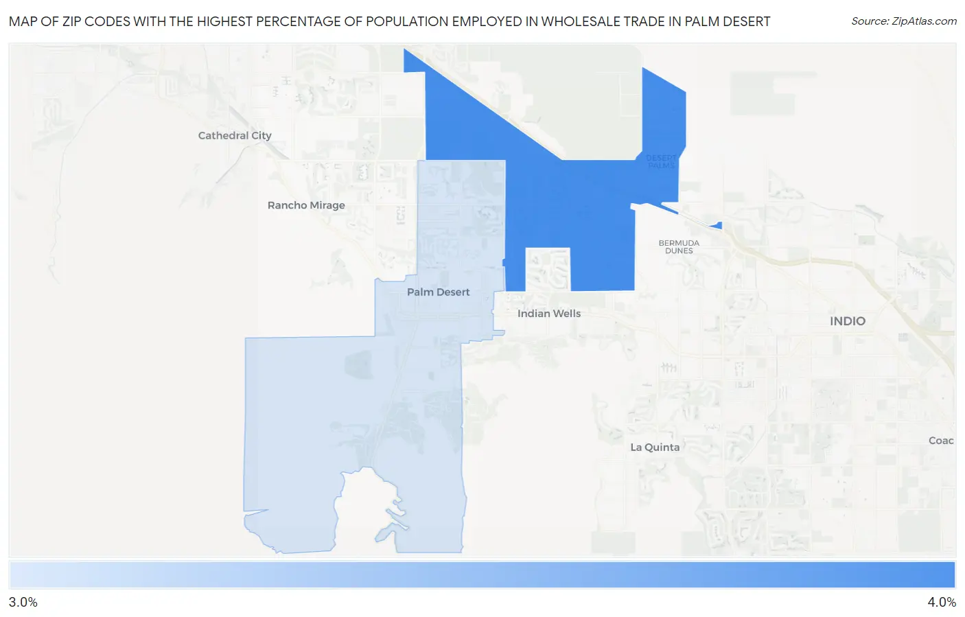 Zip Codes with the Highest Percentage of Population Employed in Wholesale Trade in Palm Desert Map