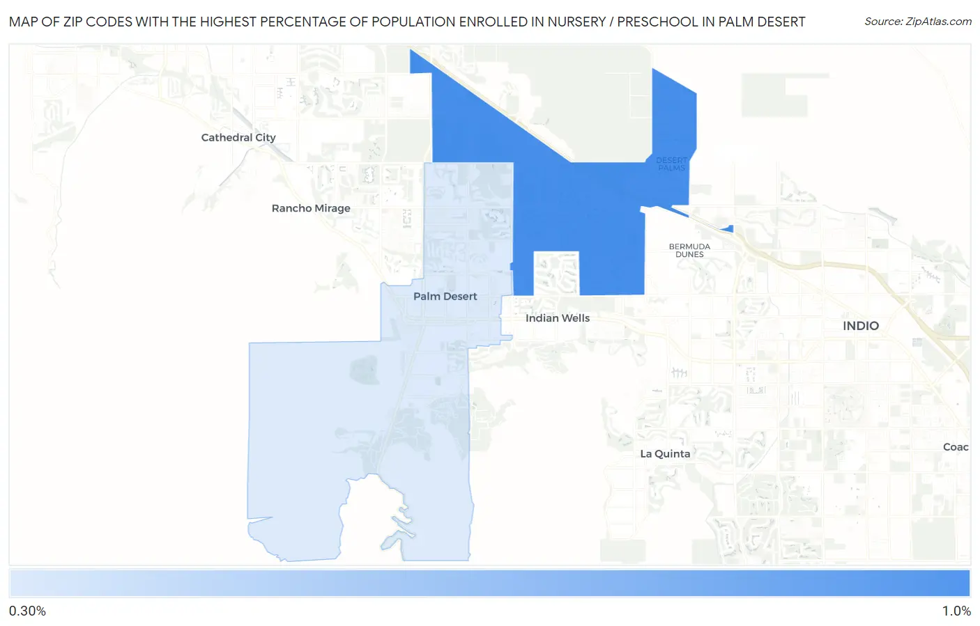 Zip Codes with the Highest Percentage of Population Enrolled in Nursery / Preschool in Palm Desert Map