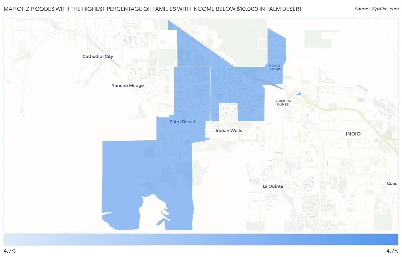 Zip Codes with the Highest Percentage of Families with Income Below $10,000 in Palm Desert Map