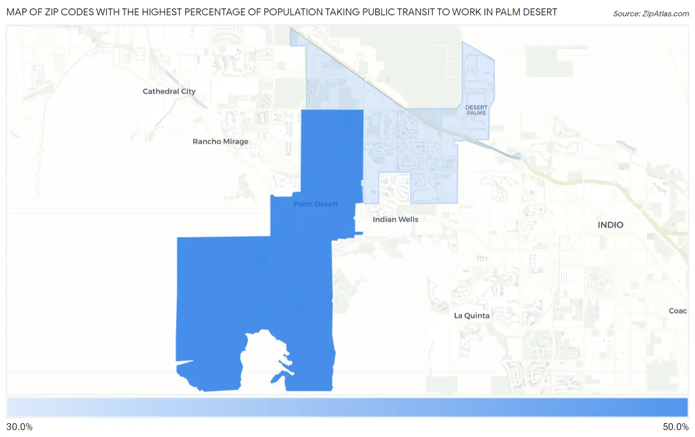 Zip Codes with the Highest Percentage of Population Taking Public Transit to Work in Palm Desert Map
