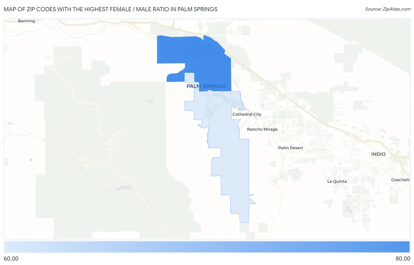Zip Codes with the Highest Female / Male Ratio in Palm Springs Map