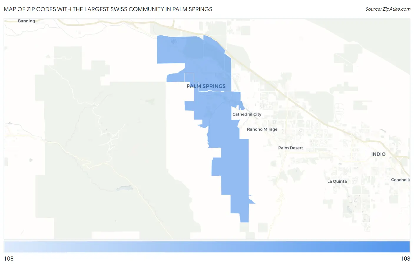 Zip Codes with the Largest Swiss Community in Palm Springs Map