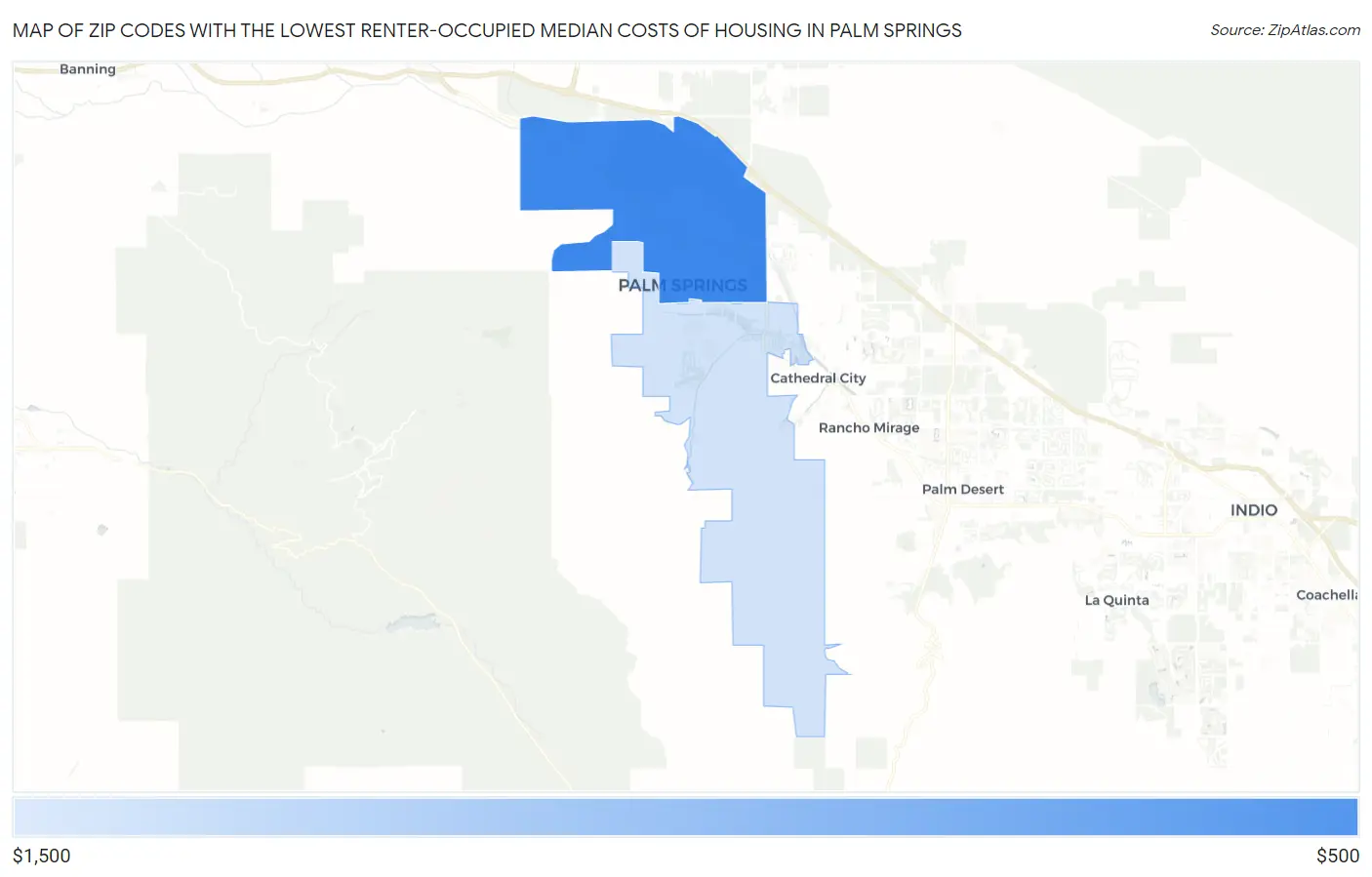 Zip Codes with the Lowest Renter-Occupied Median Costs of Housing in Palm Springs Map