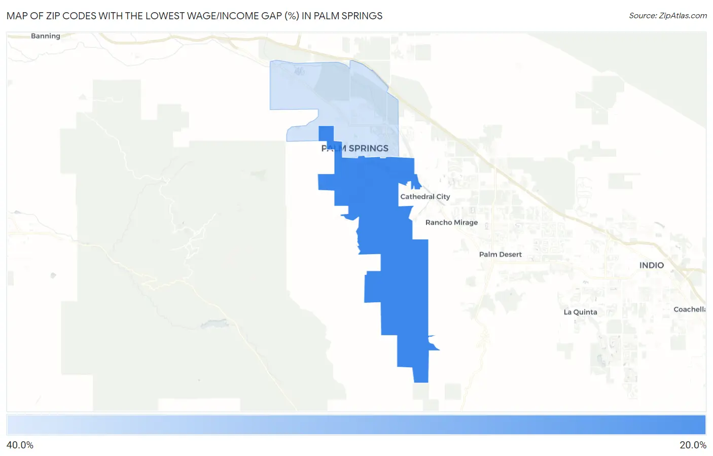 Zip Codes with the Lowest Wage/Income Gap (%) in Palm Springs Map