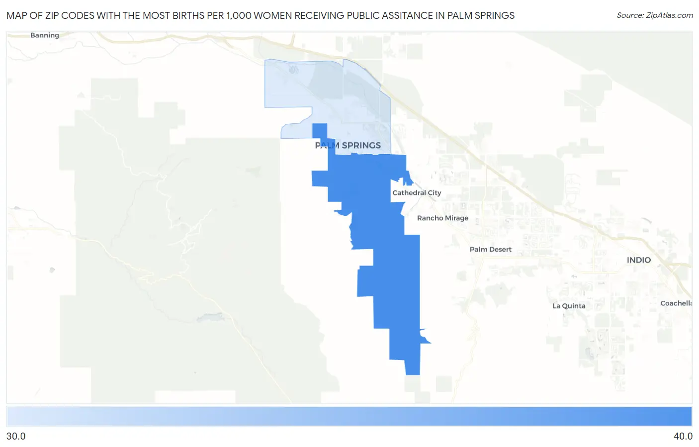 Zip Codes with the Most Births per 1,000 Women Receiving Public Assitance in Palm Springs Map