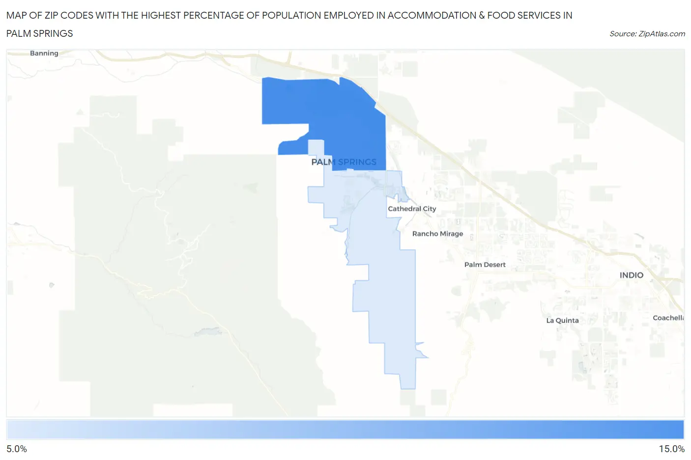Zip Codes with the Highest Percentage of Population Employed in Accommodation & Food Services in Palm Springs Map