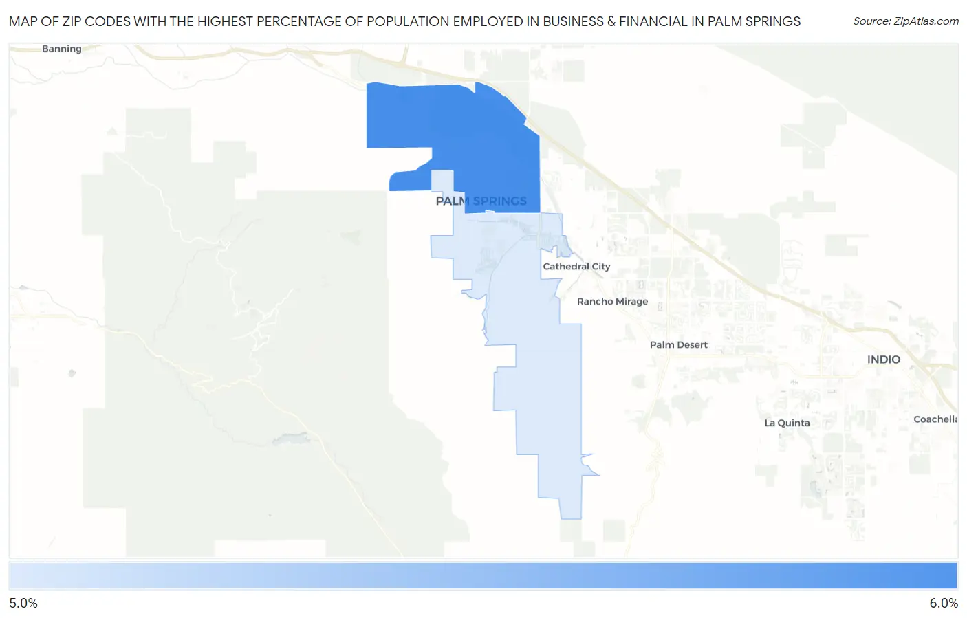 Zip Codes with the Highest Percentage of Population Employed in Business & Financial in Palm Springs Map