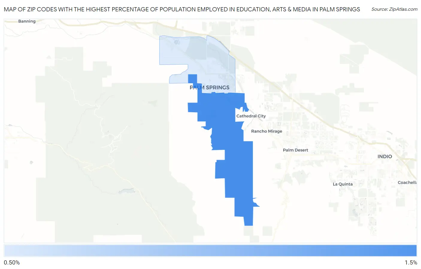 Zip Codes with the Highest Percentage of Population Employed in Education, Arts & Media in Palm Springs Map
