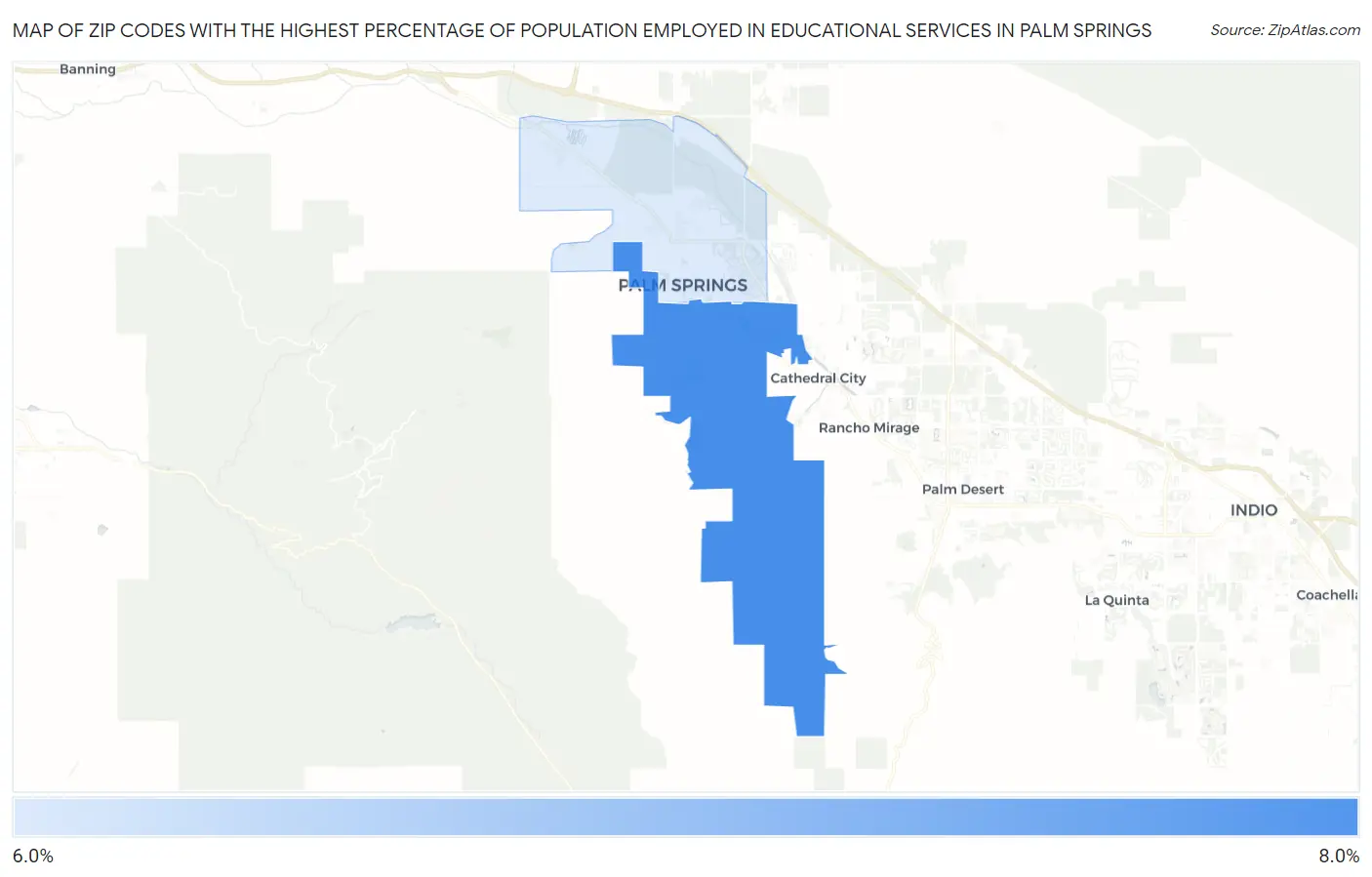 Zip Codes with the Highest Percentage of Population Employed in Educational Services in Palm Springs Map