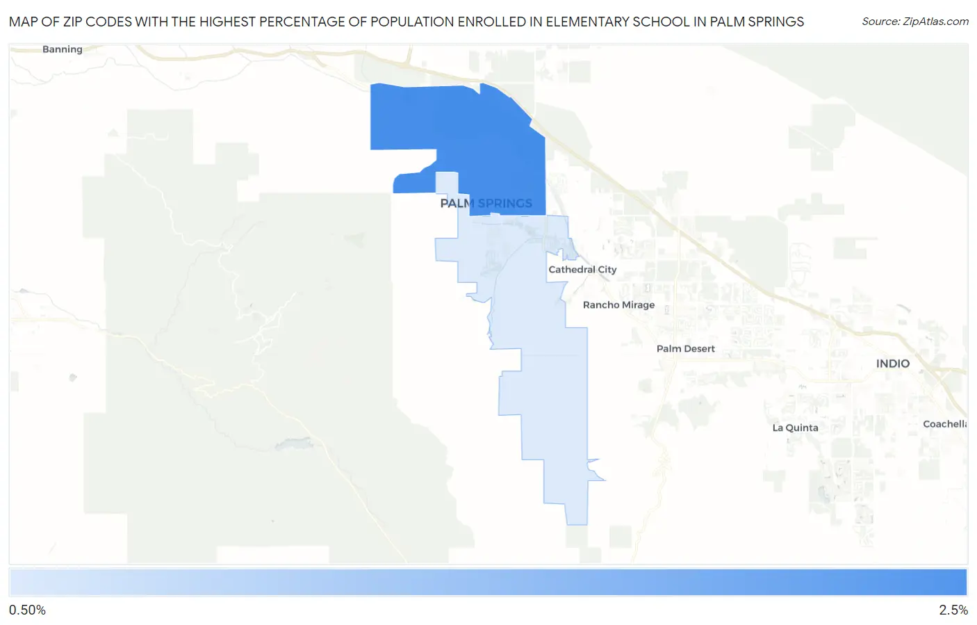 Zip Codes with the Highest Percentage of Population Enrolled in Elementary School in Palm Springs Map