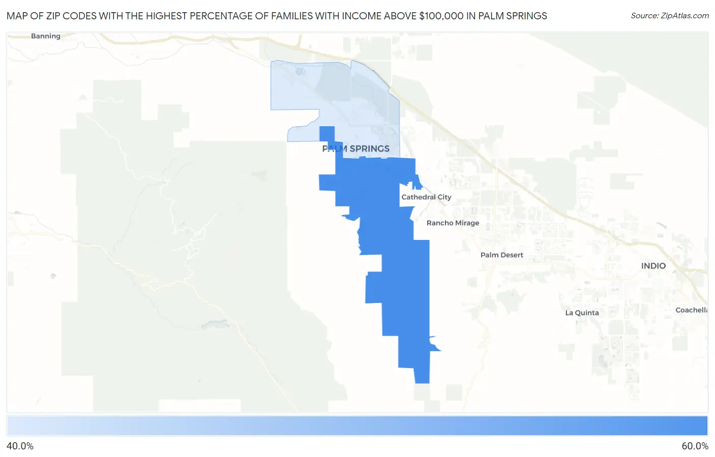Zip Codes with the Highest Percentage of Families with Income Above $100,000 in Palm Springs Map