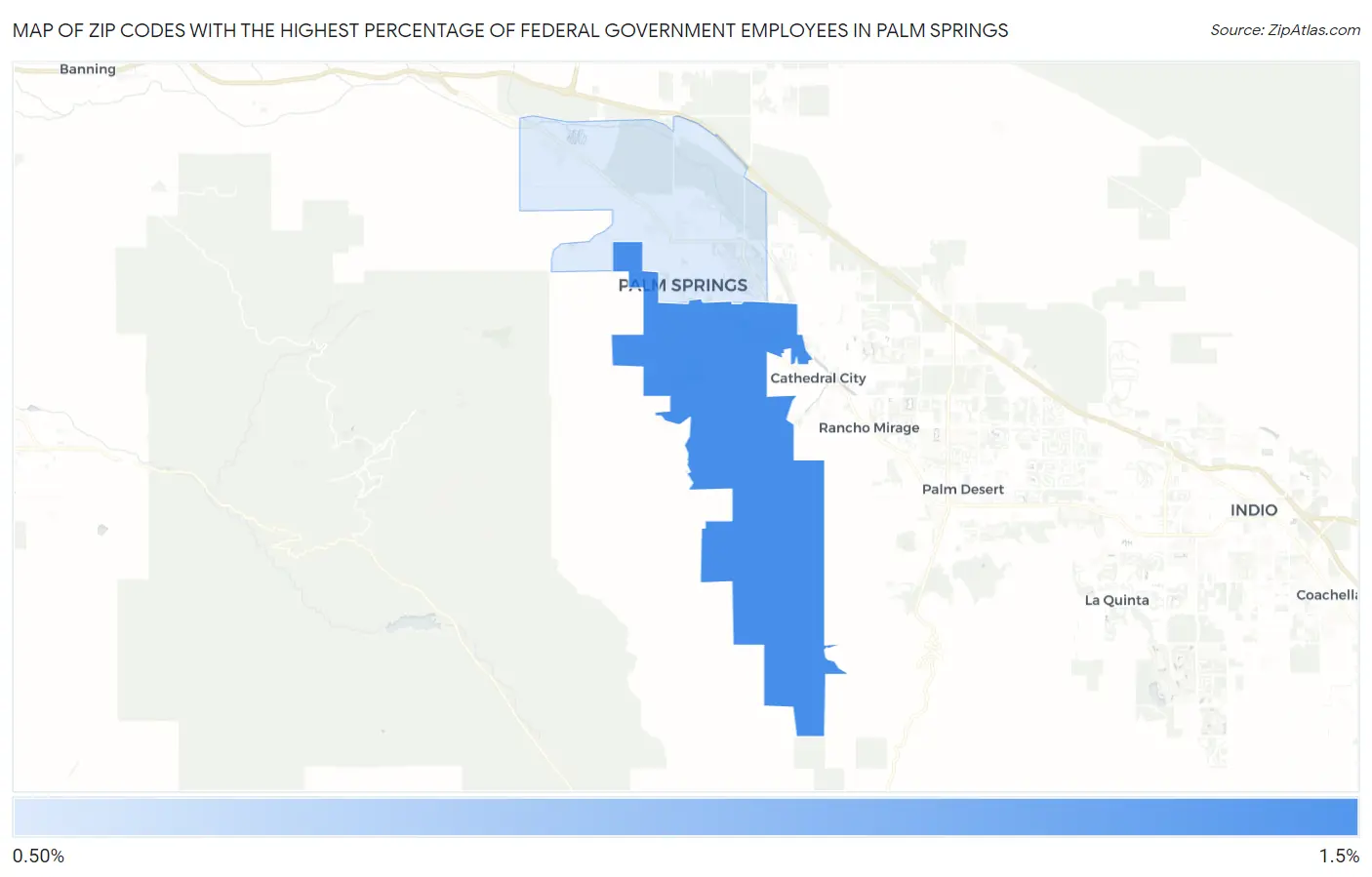 Zip Codes with the Highest Percentage of Federal Government Employees in Palm Springs Map