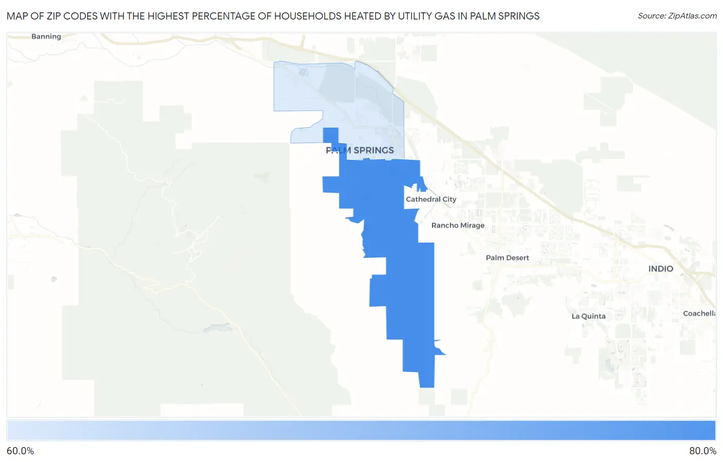 Zip Codes with the Highest Percentage of Households Heated by Utility Gas in Palm Springs Map