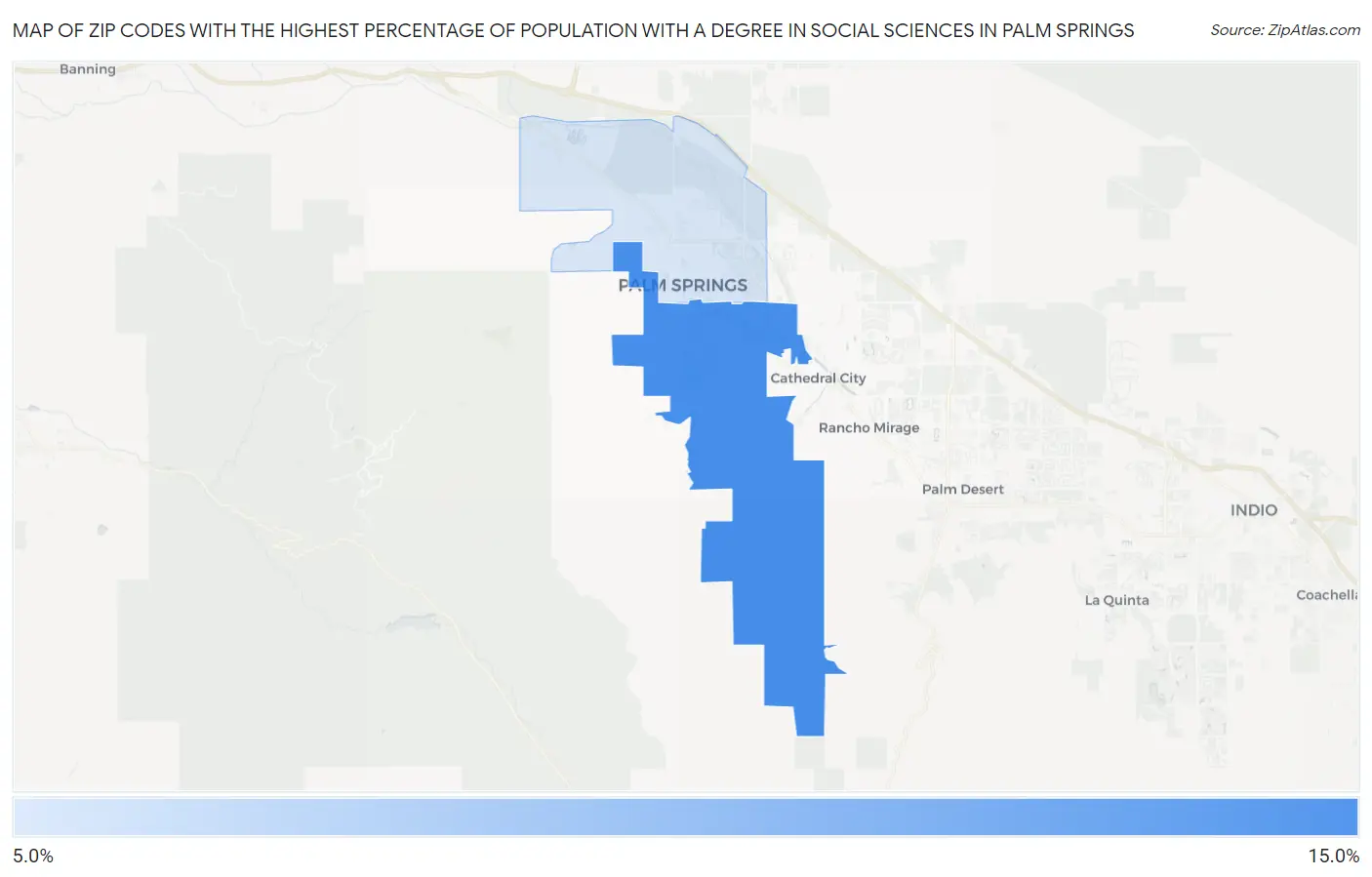 Zip Codes with the Highest Percentage of Population with a Degree in Social Sciences in Palm Springs Map