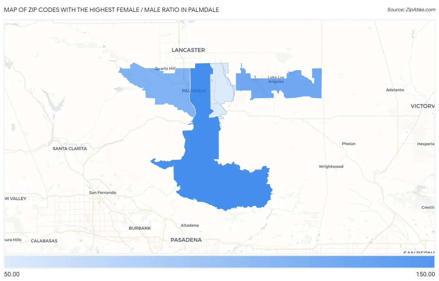 Zip Codes with the Highest Female / Male Ratio in Palmdale Map