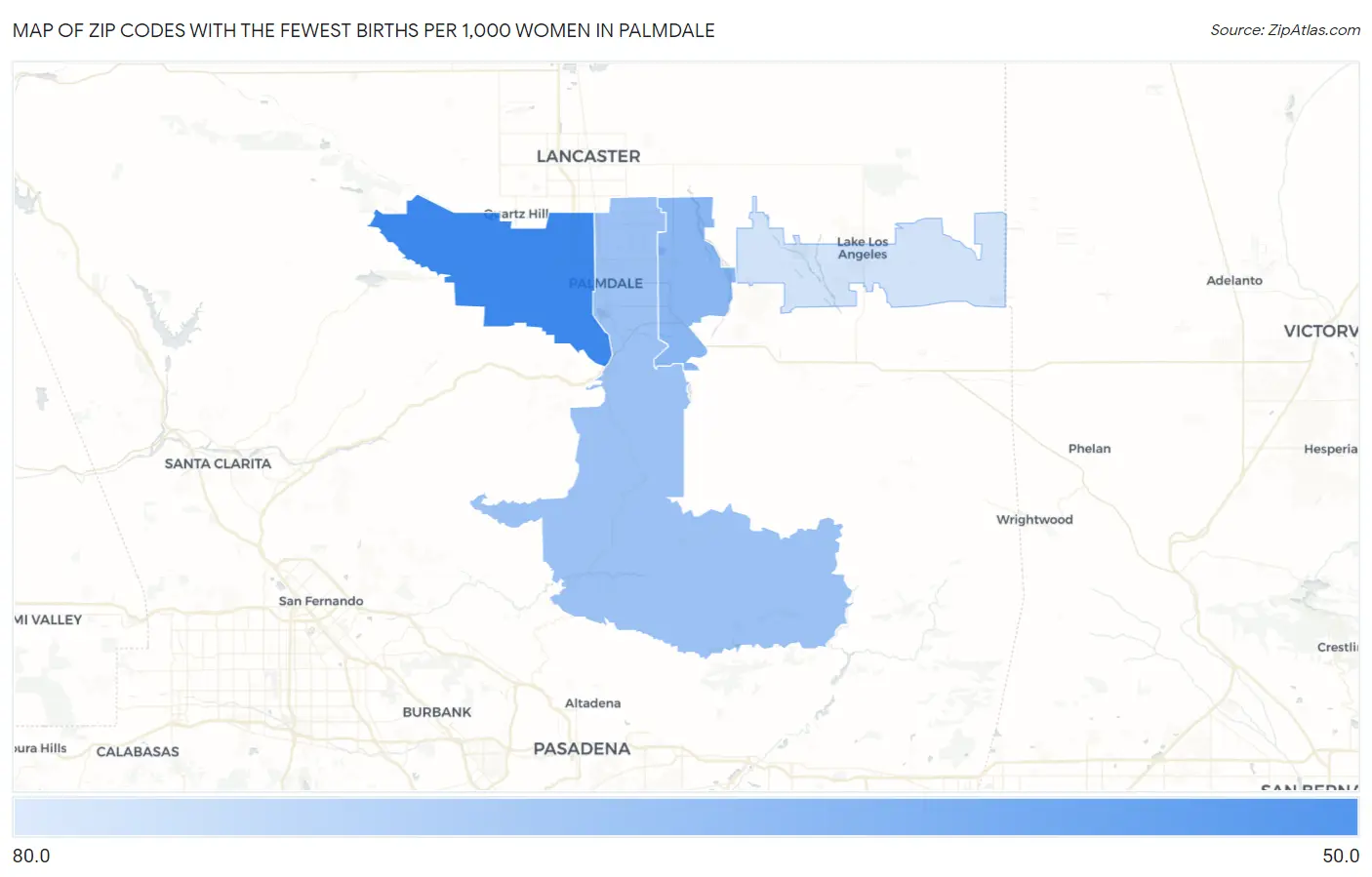 Zip Codes with the Fewest Births per 1,000 Women in Palmdale Map