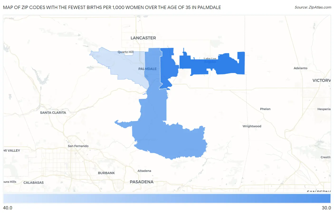 Zip Codes with the Fewest Births per 1,000 Women Over the Age of 35 in Palmdale Map