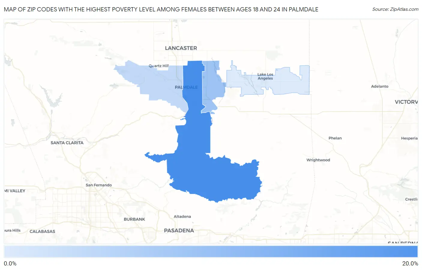Zip Codes with the Highest Poverty Level Among Females Between Ages 18 and 24 in Palmdale Map