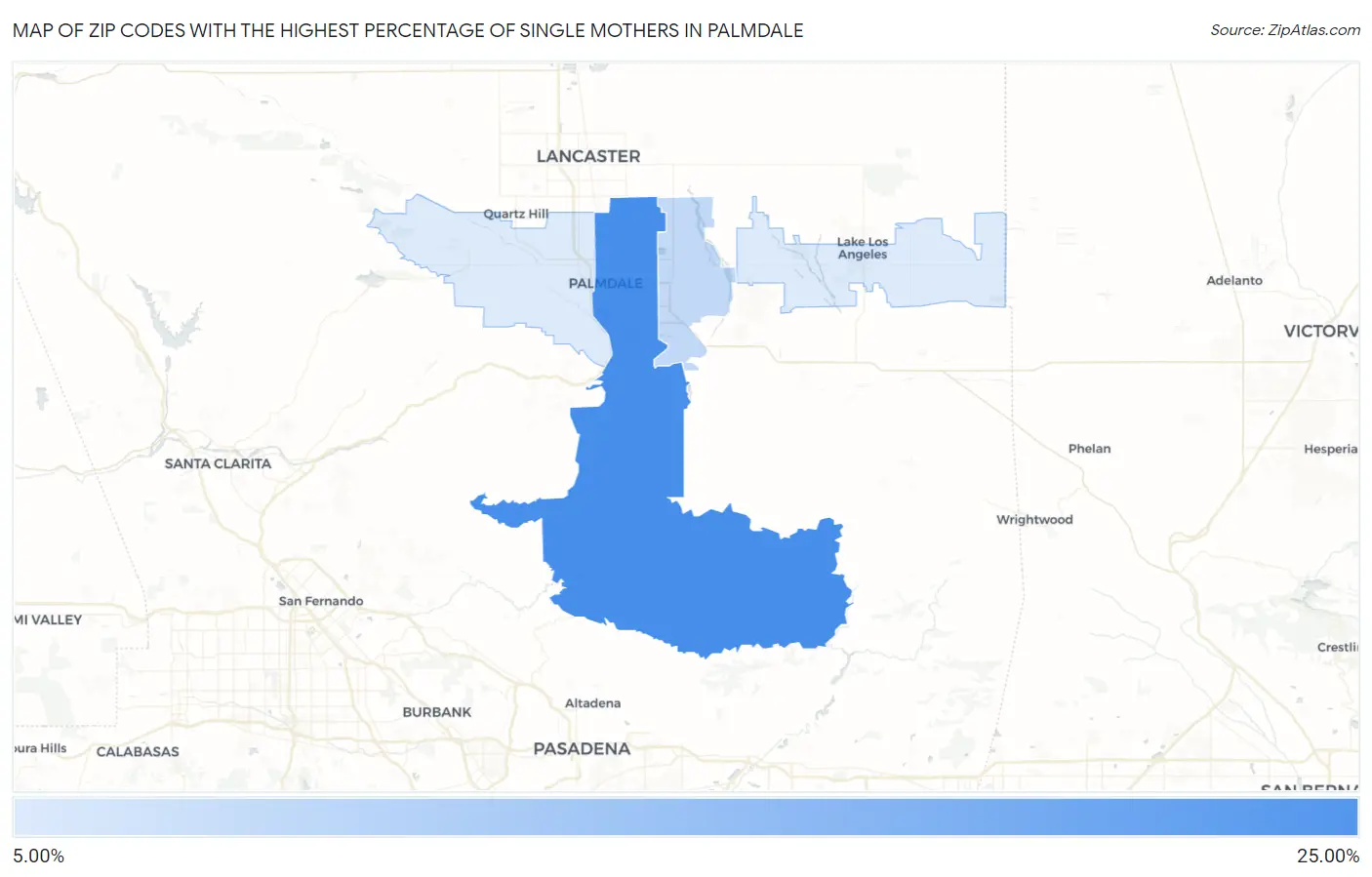 Zip Codes with the Highest Percentage of Single Mothers in Palmdale Map