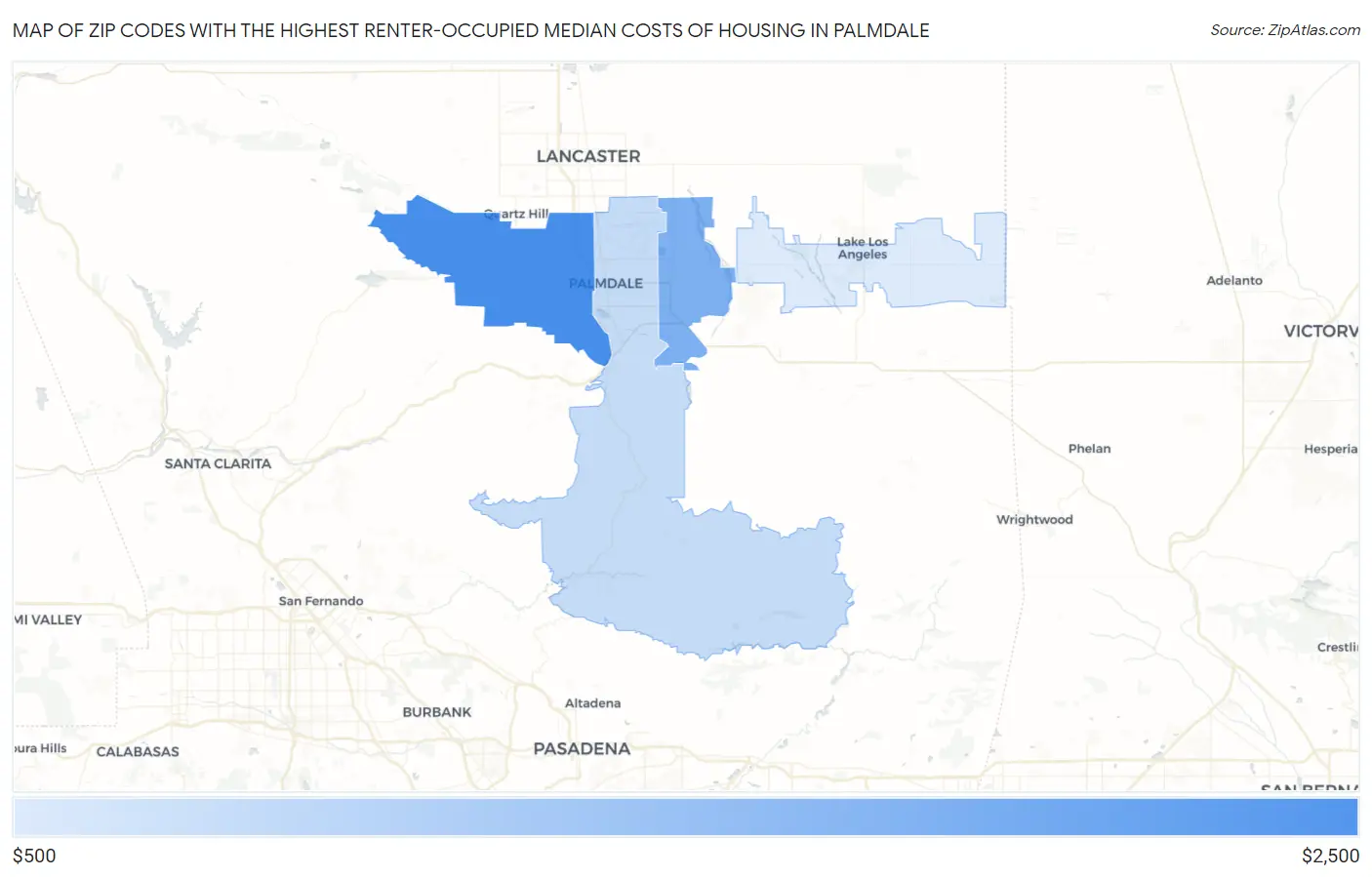 Zip Codes with the Highest Renter-Occupied Median Costs of Housing in Palmdale Map
