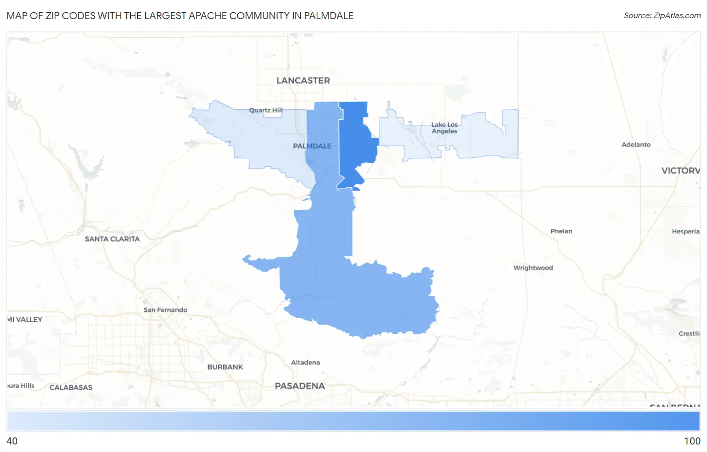 Zip Codes with the Largest Apache Community in Palmdale Map