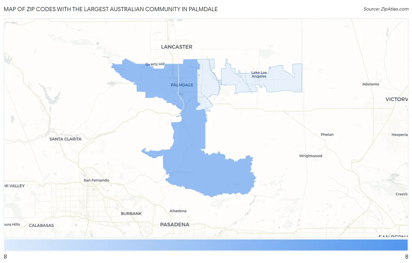 Zip Codes with the Largest Australian Community in Palmdale Map