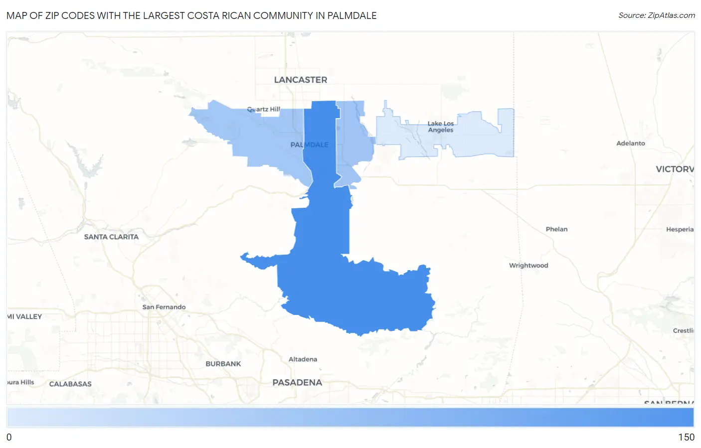 Zip Codes with the Largest Costa Rican Community in Palmdale Map
