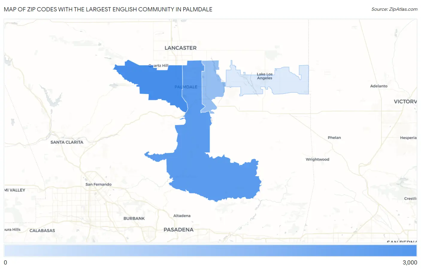 Zip Codes with the Largest English Community in Palmdale Map