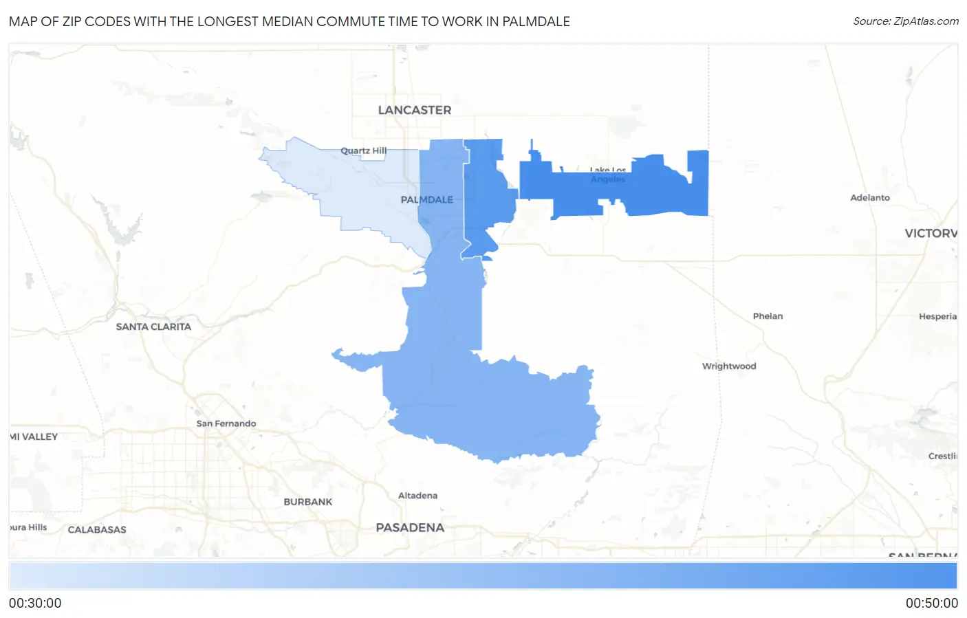Zip Codes with the Longest Median Commute Time to Work in Palmdale Map