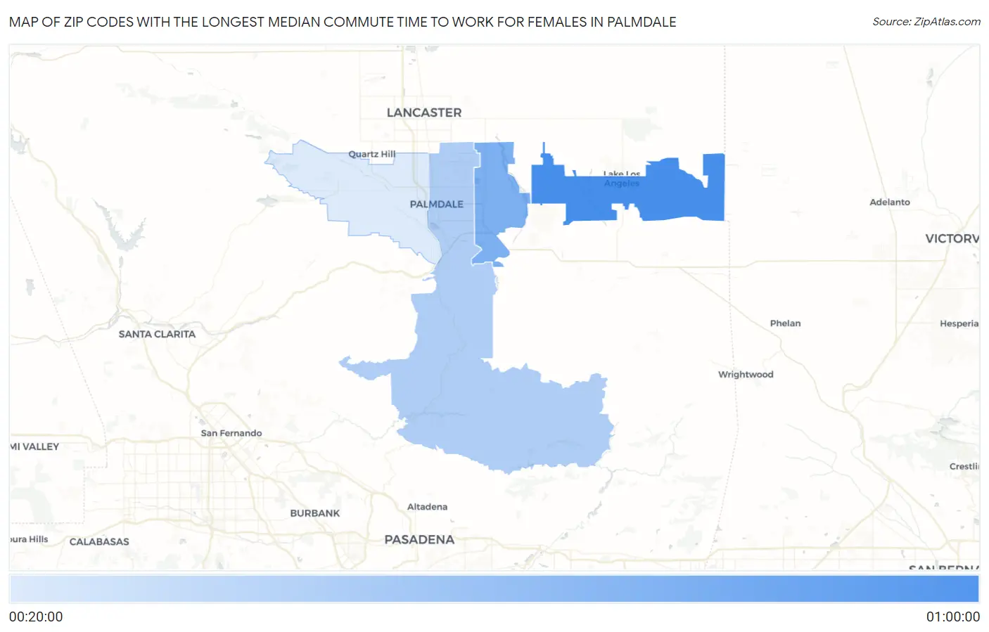 Zip Codes with the Longest Median Commute Time to Work for Females in Palmdale Map