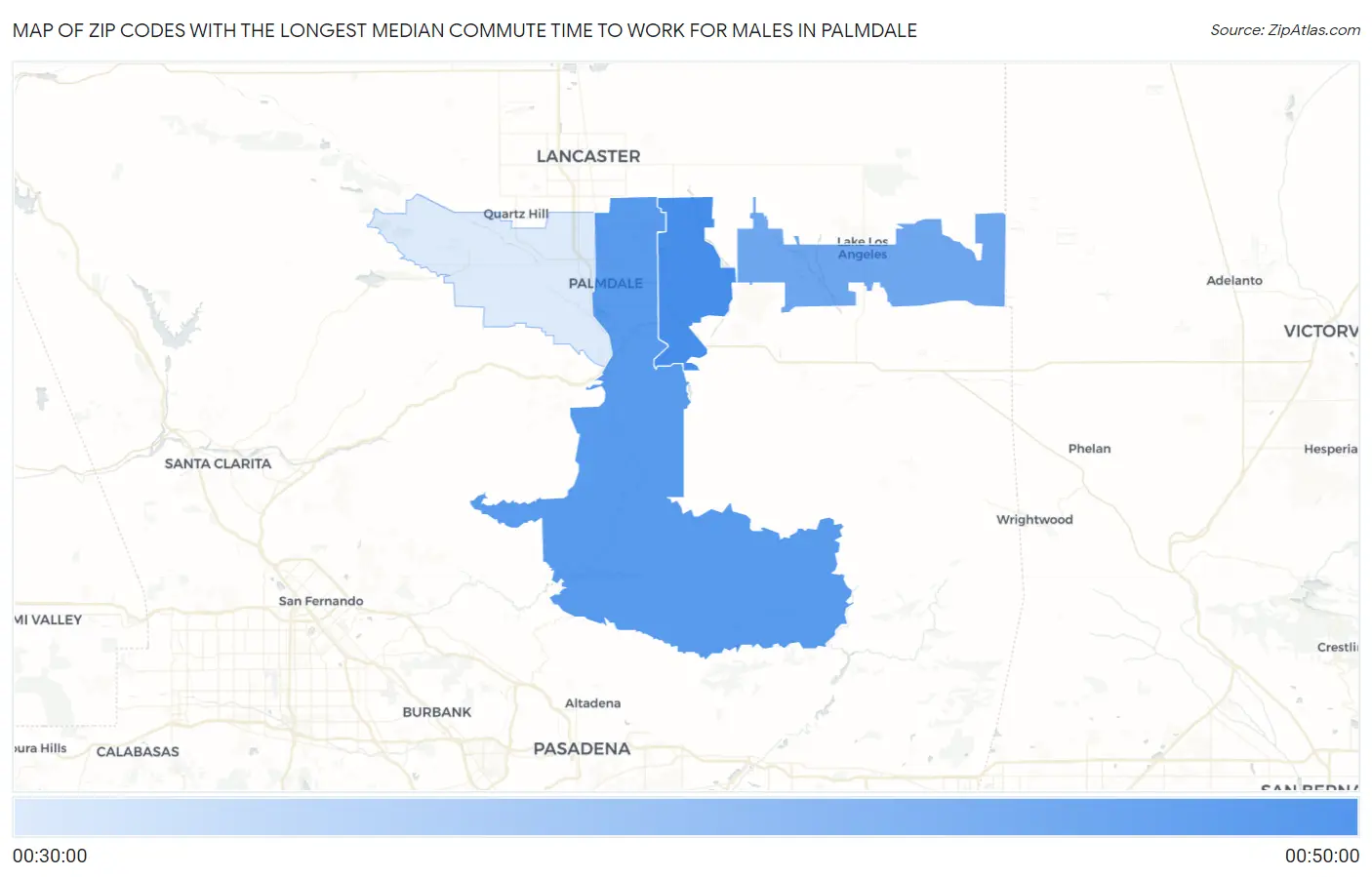 Zip Codes with the Longest Median Commute Time to Work for Males in Palmdale Map