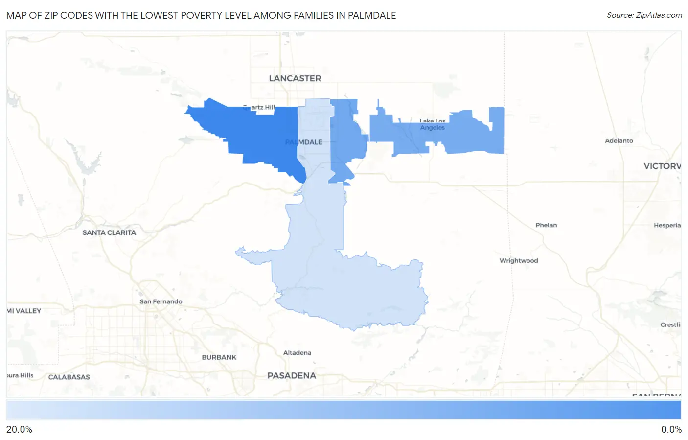 Zip Codes with the Lowest Poverty Level Among Families in Palmdale Map