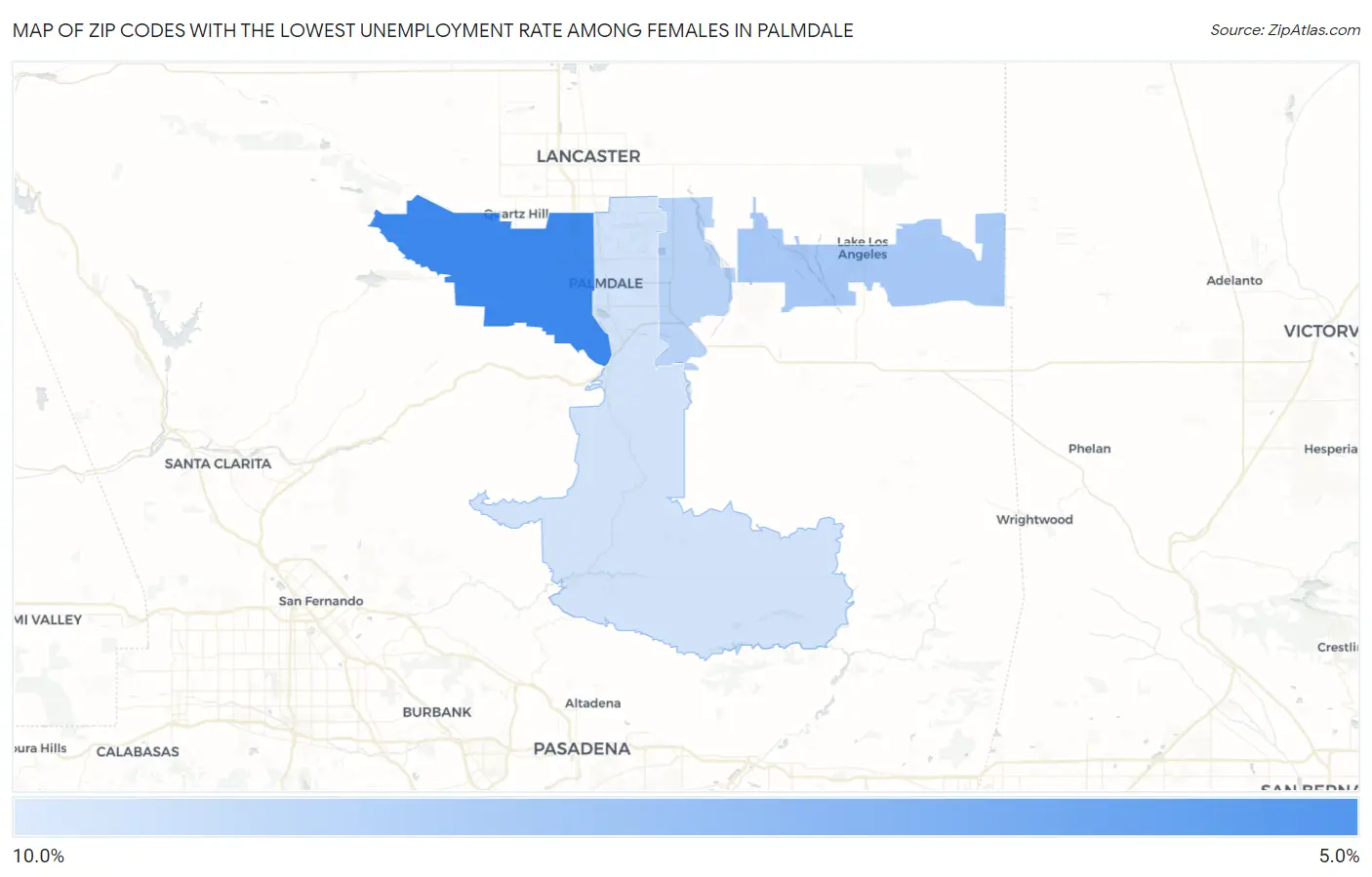Zip Codes with the Lowest Unemployment Rate Among Females in Palmdale Map