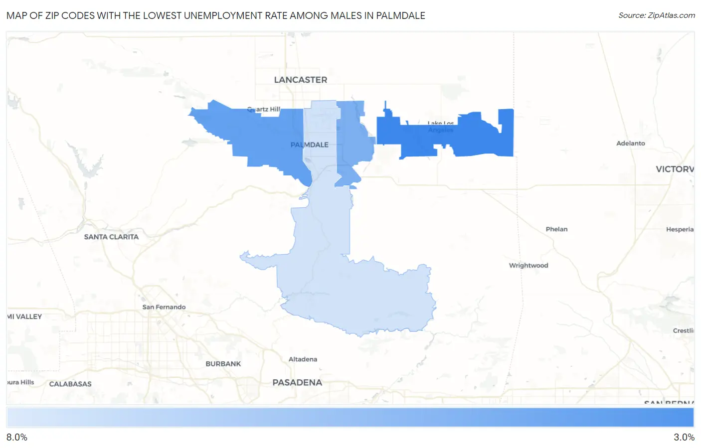 Zip Codes with the Lowest Unemployment Rate Among Males in Palmdale Map