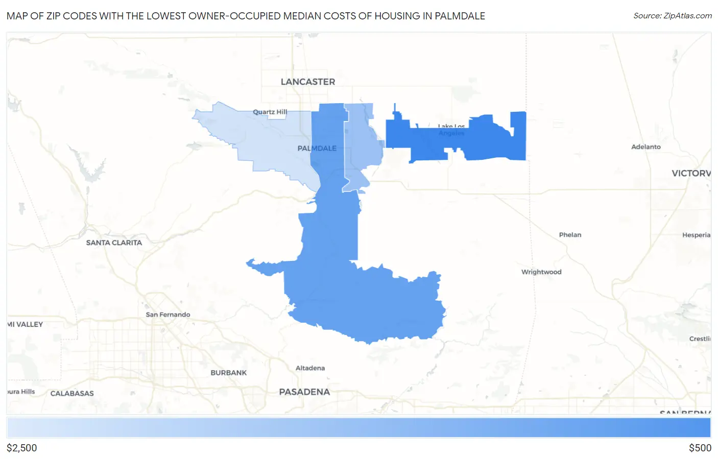 Zip Codes with the Lowest Owner-Occupied Median Costs of Housing in Palmdale Map