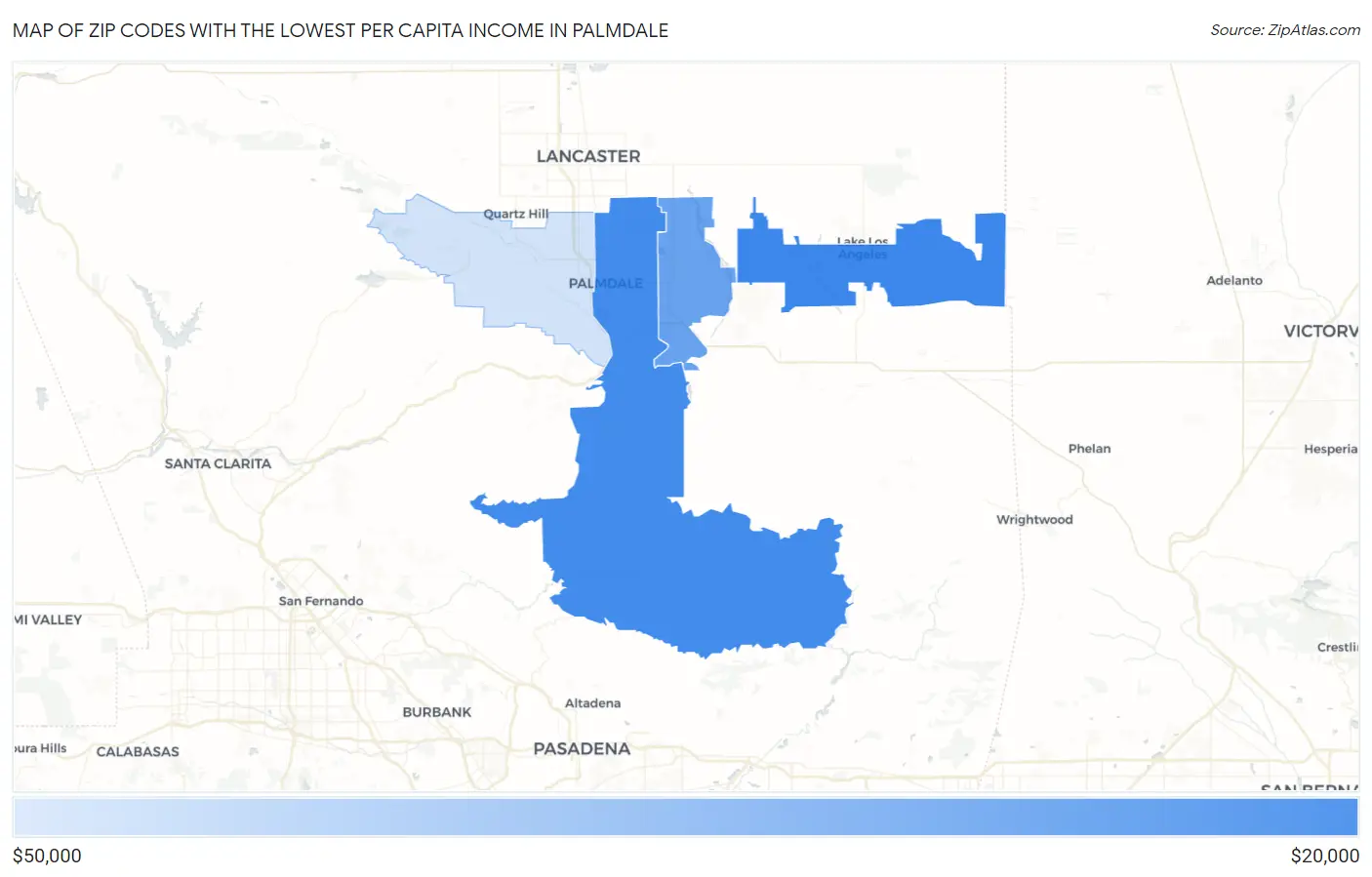 Zip Codes with the Lowest Per Capita Income in Palmdale Map