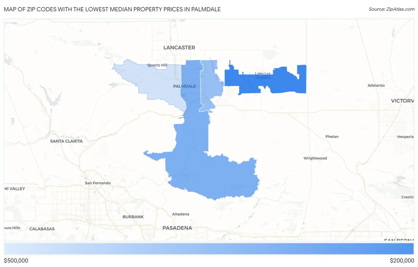 Zip Codes with the Lowest Median Property Prices in Palmdale Map