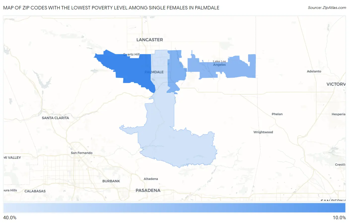 Zip Codes with the Lowest Poverty Level Among Single Females in Palmdale Map