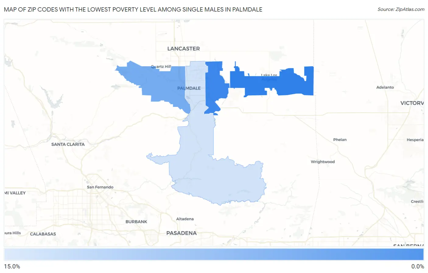 Zip Codes with the Lowest Poverty Level Among Single Males in Palmdale Map