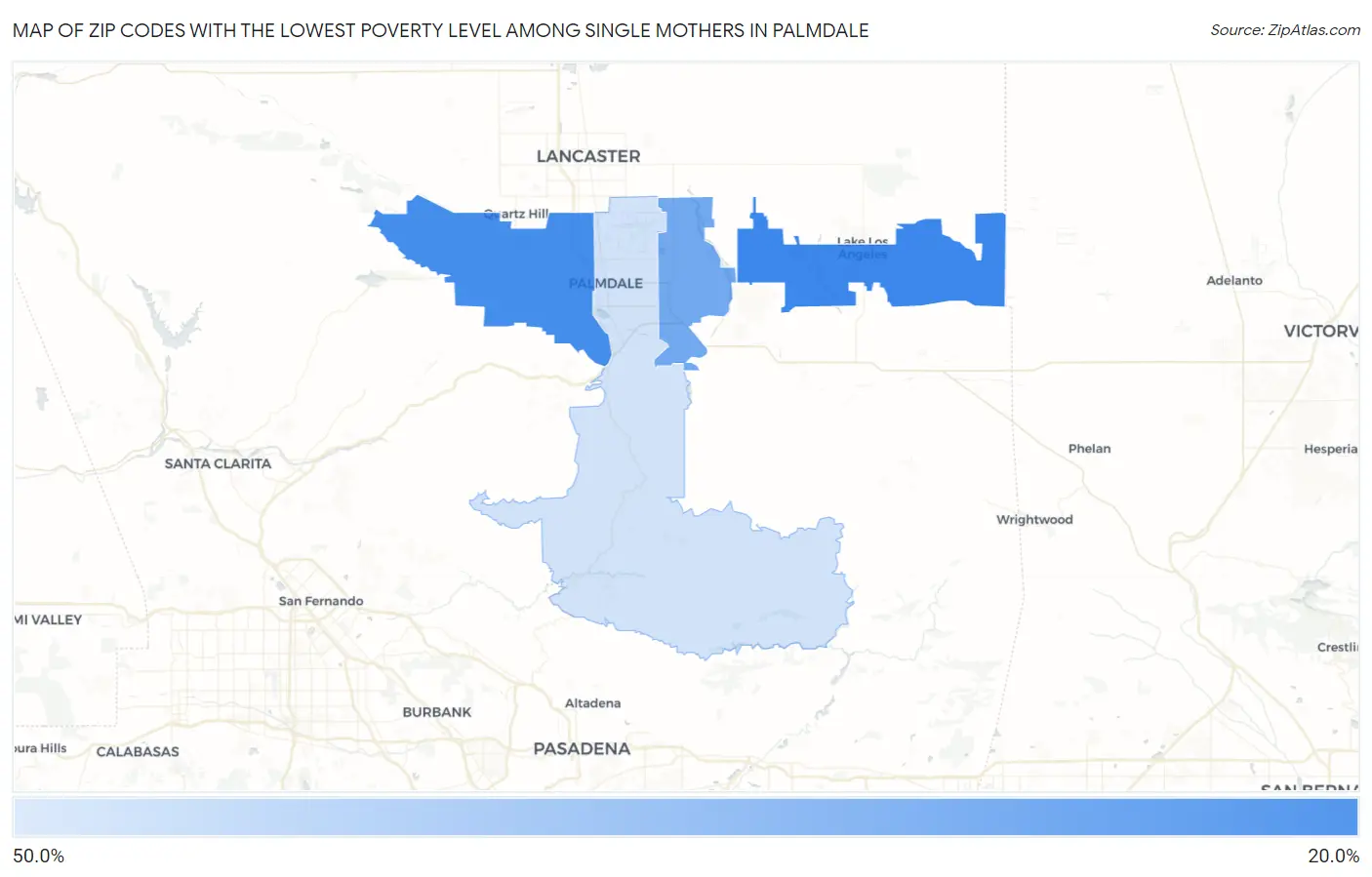 Zip Codes with the Lowest Poverty Level Among Single Mothers in Palmdale Map