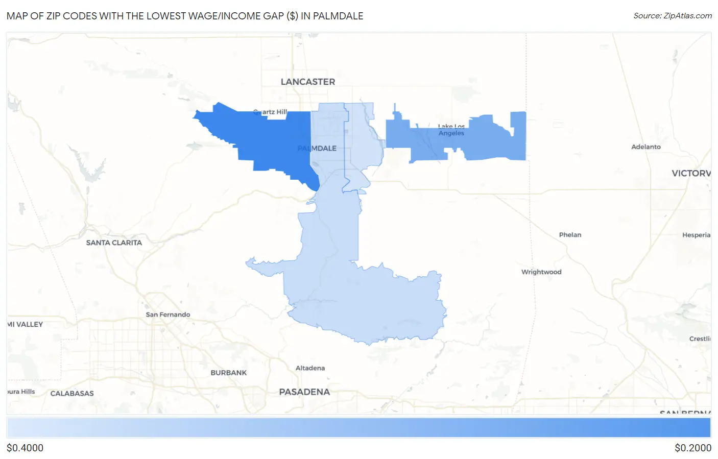 Zip Codes with the Lowest Wage/Income Gap ($) in Palmdale Map