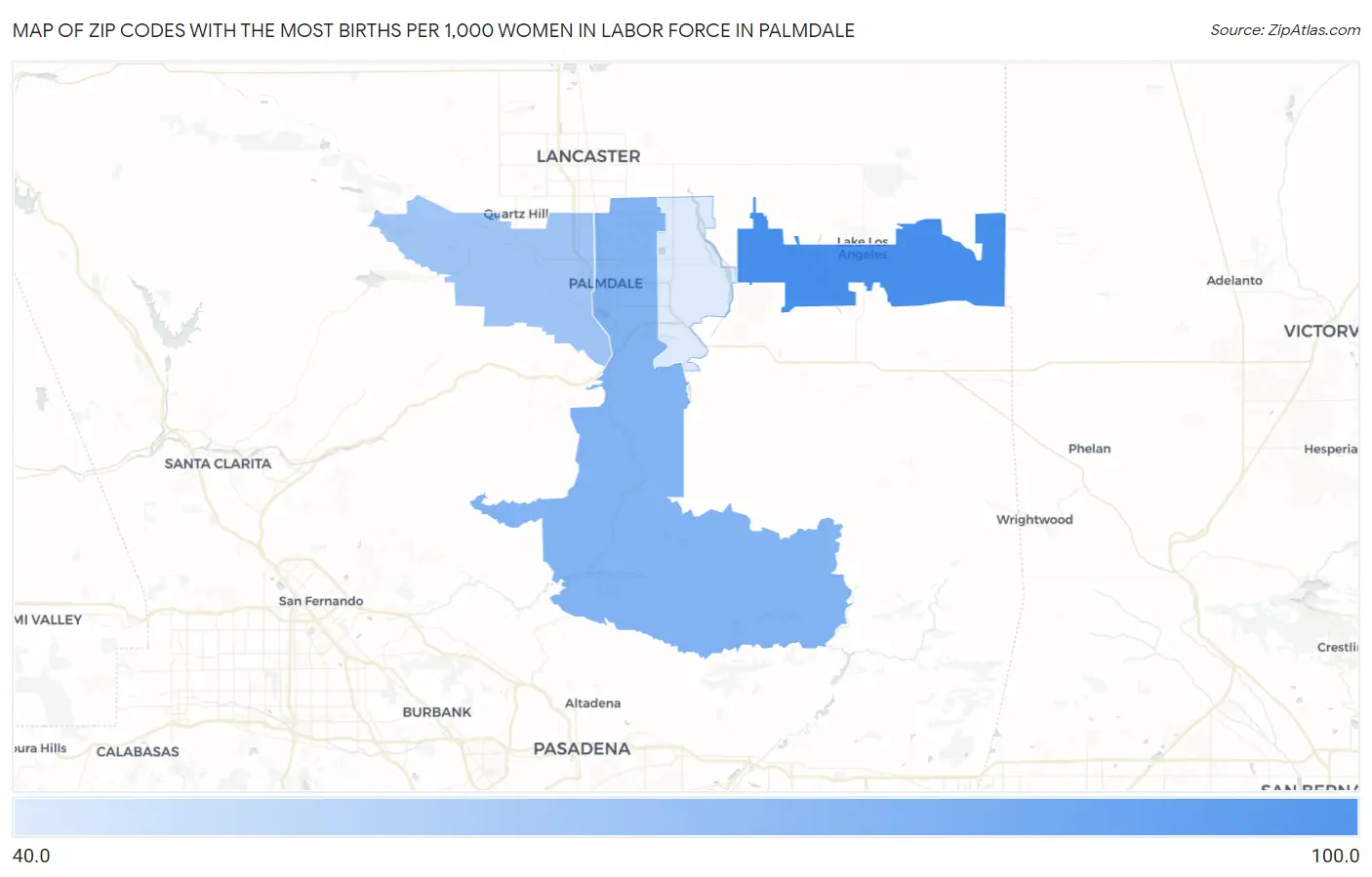 Zip Codes with the Most Births per 1,000 Women in Labor Force in Palmdale Map
