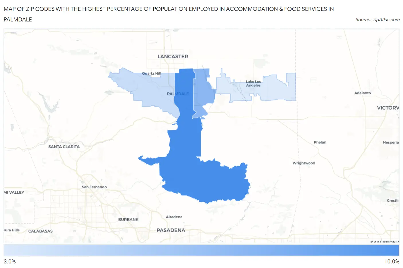 Zip Codes with the Highest Percentage of Population Employed in Accommodation & Food Services in Palmdale Map