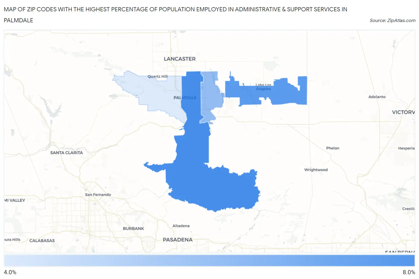Zip Codes with the Highest Percentage of Population Employed in Administrative & Support Services in Palmdale Map
