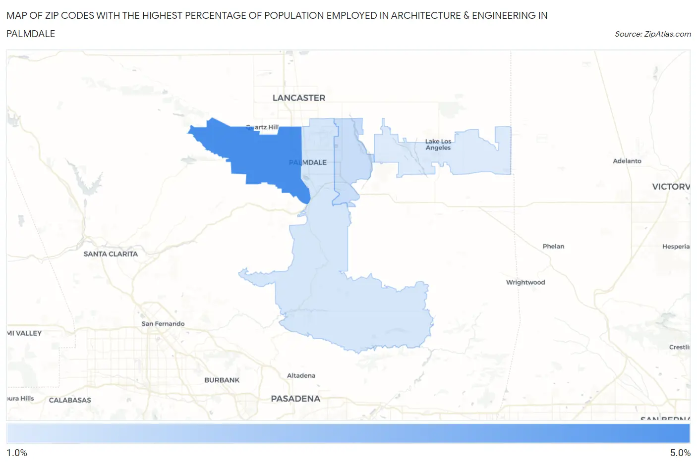 Zip Codes with the Highest Percentage of Population Employed in Architecture & Engineering in Palmdale Map