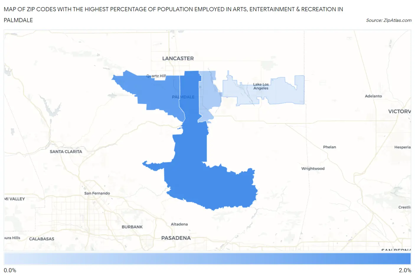 Zip Codes with the Highest Percentage of Population Employed in Arts, Entertainment & Recreation in Palmdale Map