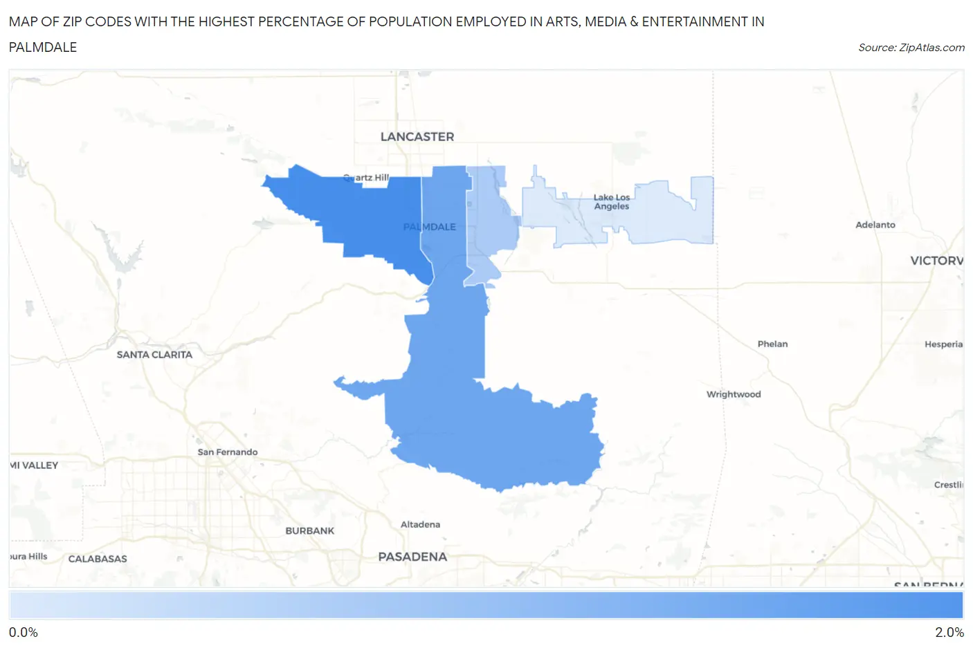 Zip Codes with the Highest Percentage of Population Employed in Arts, Media & Entertainment in Palmdale Map