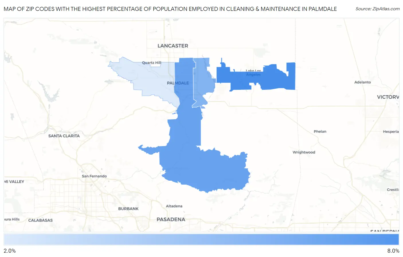 Zip Codes with the Highest Percentage of Population Employed in Cleaning & Maintenance in Palmdale Map
