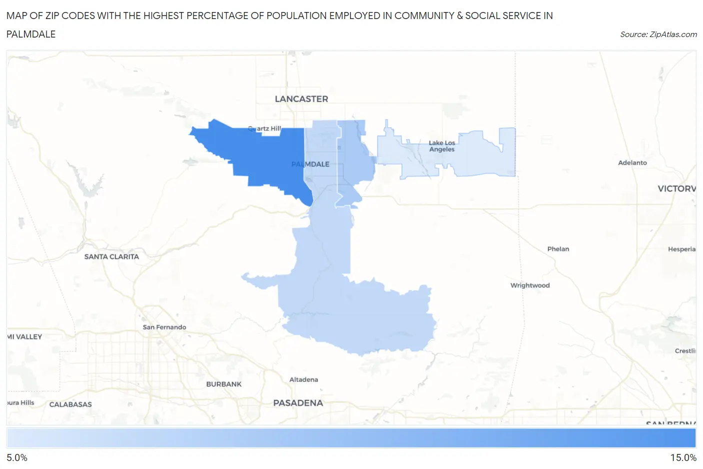 Zip Codes with the Highest Percentage of Population Employed in Community & Social Service  in Palmdale Map